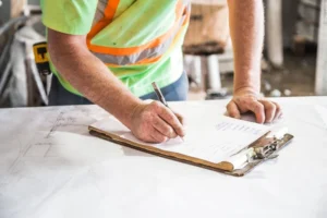 construction worker writing on clipboard